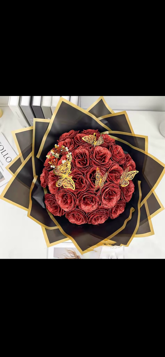 Bouquet de Roses Pailletées Rouge et Or – Cadeau Luxe 24pcs